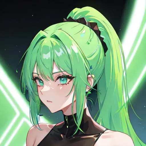 Prompt: She has a long, distinctive neon-green that fades to neon-blue hair in a ponytail
