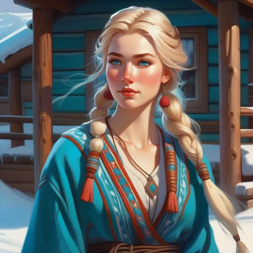 Prompt: Third person, gameplay, ancient Saami girl, pale skin, freckles, blonde hair, teal eyes, blue atmosphere, snow, cartoony style, extremely detailed painting by Greg Rutkowski and by Henry Justice Ford and by Steve Henderson 