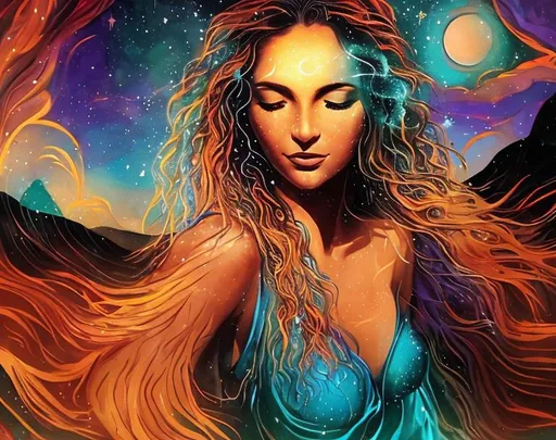 Prompt:  water magic woman red blue purple sunset mountain music  beauty latina moon goddess healer