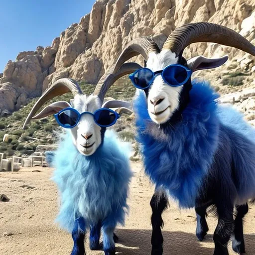 Prompt: 2 Greek goats with blue fur wearing sunglasses and looking cool
