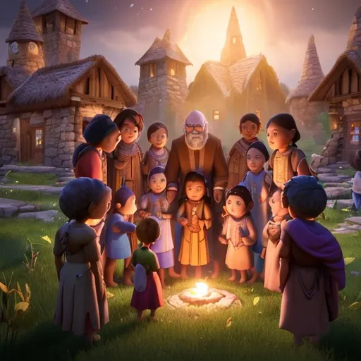 Prompt: 5. **Legacy of Unity:** See the village children gathered around the elder, listening intently to the tale of Sam, Alex, Maya, and Lily. The elder's words inspire hope and unity, symbolizing the lasting impact of the story.