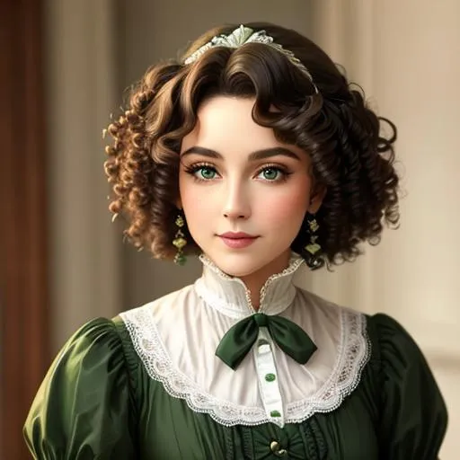 Prompt: 19th century lady all in green, curly hair, facial closeup