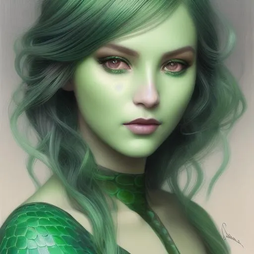 Medusa {{light eyes}} {{green snake hair}} wearing s