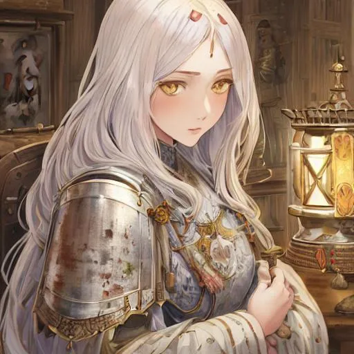 Prompt: portrait canvas, muted colors, watercolor style, vintage colors, by greg rutkowski, detailed, intricate face, detailed eyes, gentle tones, medieval theme, knight, white armour, beautiful woman, long white hair, glowing yellow eyes