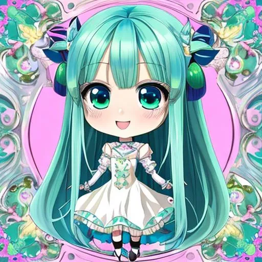 Prompt: masterpiece, (Chibi), blue long hair, green eye, detailed face, happy, highlight eyes, pastel color, anime style, dress