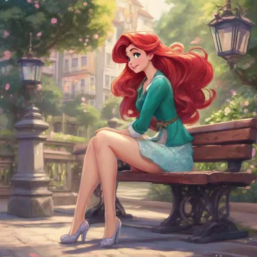 Prompt: Vivid, detailed, Disney art style, full body, Ariel Disney Princess, Hair part on left side, full body, cute, tokyo, sitting on bench, ladylike