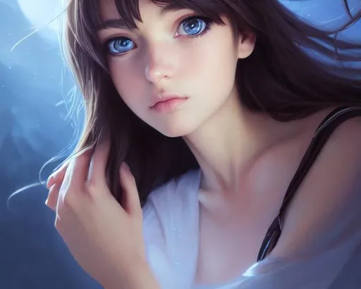Prompt: full body of a {young woman}, smooth soft skin,  dreamy eyes, beautiful intricate dark brown hair, symmetrical, blue eyes, soft lighting, detailed face, by makoto shinkai, stanley artgerm lau, wlop, rossdraws, concept art, digital painting, looking into camera, hyper realistic, teenager, young woman, detailed eyes