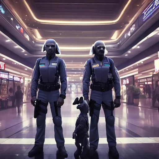 Prompt: tigon security guards in a busy alien mall, widescreen, infinity vanishing point, galaxy background, surprise easter egg