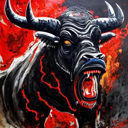 Prompt: Vanggoh style expressionism painting of a big black bull with glowing red eyes that is angry and raging