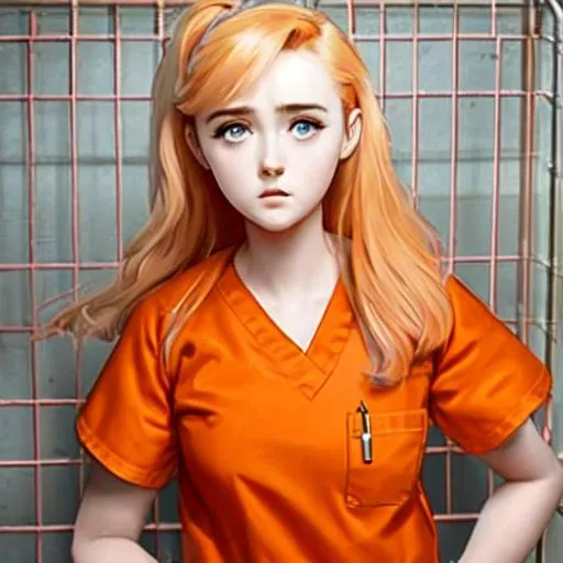 Prompt: Kathryn Newton in prison wearing orange scrubs prison uniform