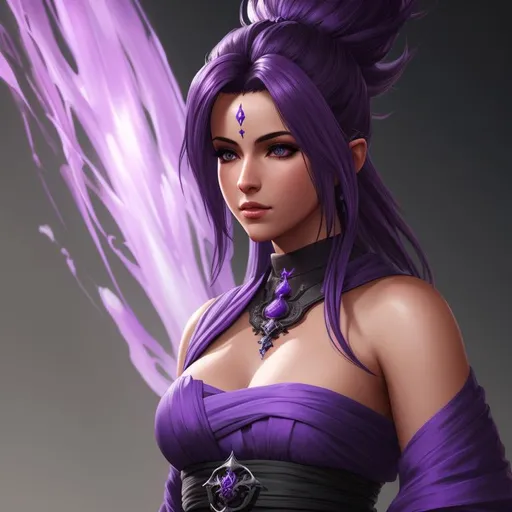 Prompt: A hyper realistic detailed Final Fantasy XIV Monk ((full body, purple clothing)) image of a ((beautiful woman)),  with ((black ombre hair)), balayage wild hair, highly detailed, digital painting, Trending on artstation, HD quality, ((by Prywinko)), ((sexy))