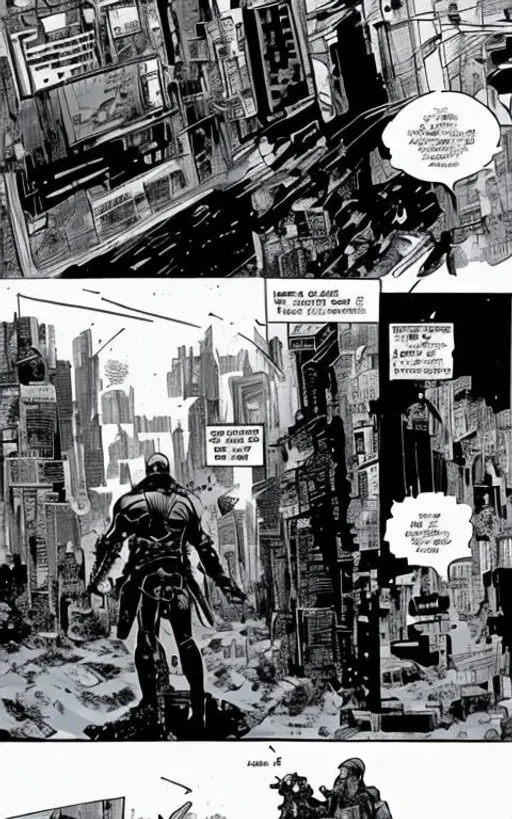 Prompt: not depicting a figure/person; comic book page with panels; cyberpunk combat; black and white