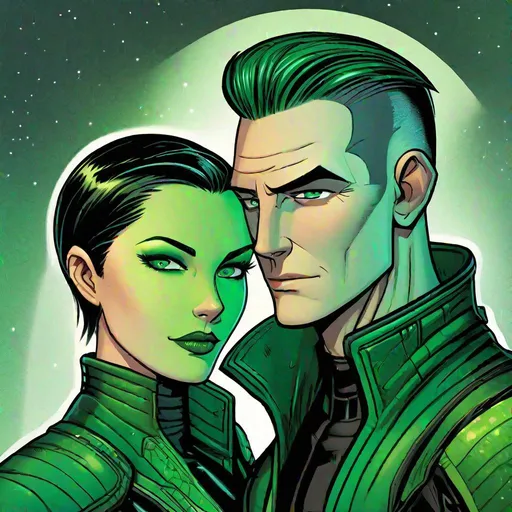 Prompt: A caucasian adult man, scifi pilot with very short slicked back brown pompadour undercut hair and shaved sides, futiristic fully dark entirely jet black leather jacket. green eyes, hugging A green skinned scifi green female, woman with green skin, short black bob hair, uniform. she has green skin. well drawn green face. detailed. green girl, the femme is green, mujer has green skin, green character, green race, detailed. her skin is green, her skin colour is green, star wars art. 2d art. 2d, 