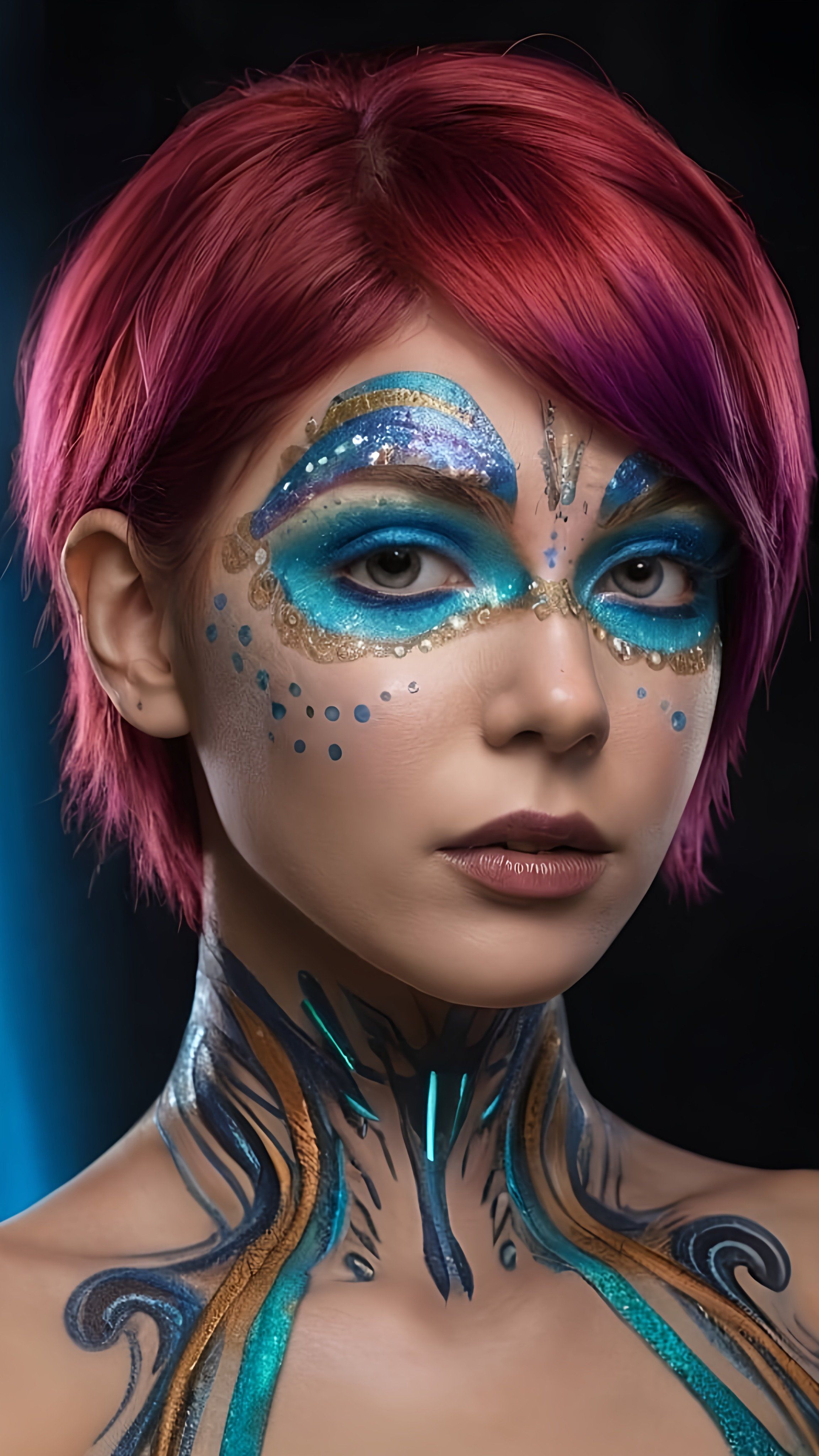 Prompt: a woman with a face painted with blue and gold glitters, affinity photo, a character portrait
