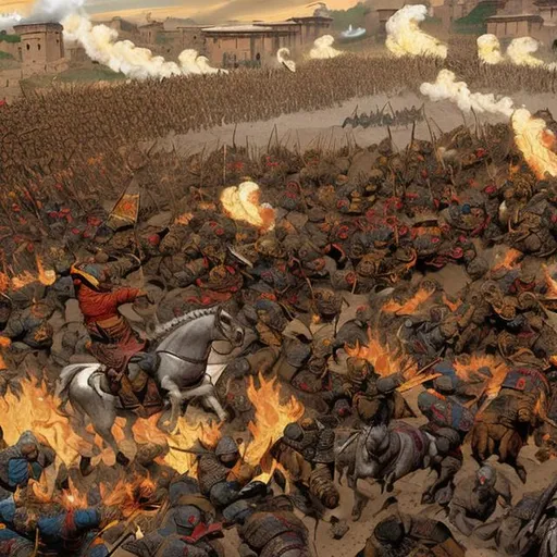 Prompt: 1242: the Mongol hordes burn and sack Rome