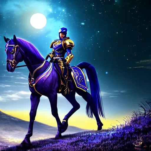 Prompt: Full-body detailed masterpiece, fantasy, high-res, quality upscaled image, perfect composition, robot horse , 18k composition, 16k, 2D image, cell shaded, blue moonlight background, black and purple armor,