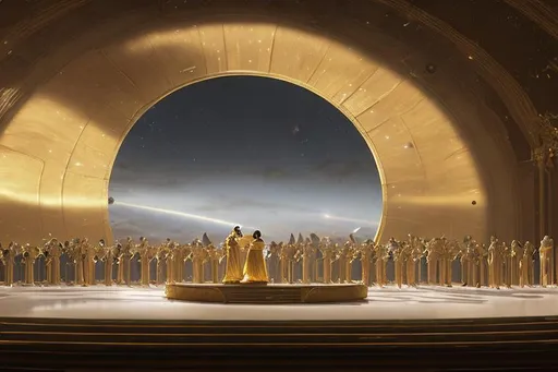 Prompt: Italian space opera stage, golden light, one big circular plain window in the background, people in costumes for a Puccini opera, cinematic, photorealistic, high resolution, golden ratio composition, octane render, 8k, detailed matte painting by Zhao Mengfu, cgsociety, classical realism, matte painting, matte drawing, reimagined by industrial light and magic, in the style of The 5th element (1997)