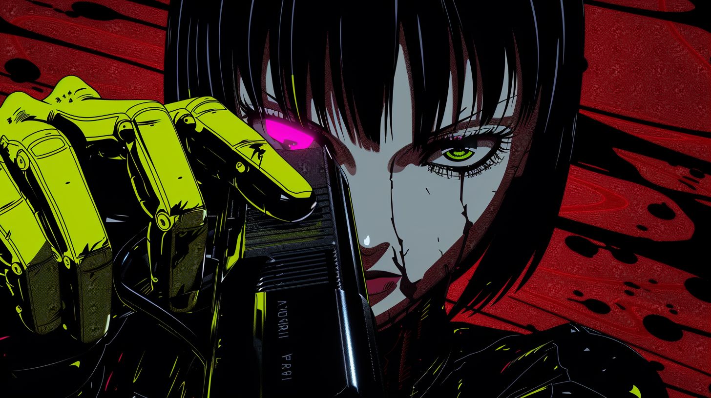 Prompt: an anime cartoon girl posing, in the style of Toonami, with a hard edge aesthetic. The colors are predominantly dark black and yellow, inspired by Japanese prints. The background features dark purple and red hues with jagged edges, giving a sense of untrained artistic expression. This image should have a 3D render appearance, adding depth and realism to the anime character and background, in a wide ratio.