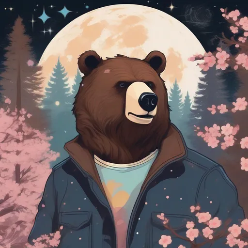 Prompt: A profile beautiful and colourful picture of a handsome man with brunette hair and a mustach, is surrounded by Sitka Spruce trees, cherry blossom flowers, a brown bear, framed by the moon and constellations, in a painted style