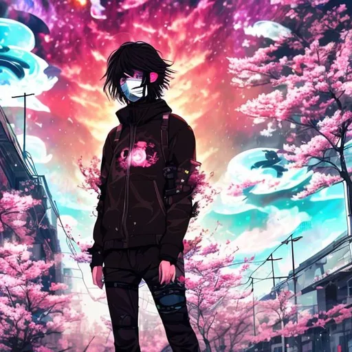 Prompt: Anime brown hair character profile wearing all black with mask running through a apocalyptic city theme, cherry blossom trees surrounding, trippy psychedelic sky, dark, gloomy