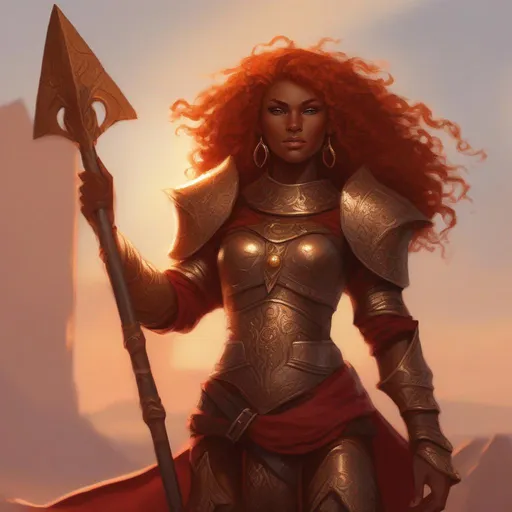 Prompt: dnd a dwarvern woman with red fiery curly hair with dark tan skin wearing bronze armor sun goddess 