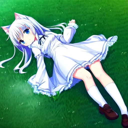 Prompt: cute anime girl with silver hair and blue eyes and cat ears lying on the grassy ground. she is tall and has chest on normal size. her expression is cold, quiet. she wears a beautiful and long white dress in lolita style and fancy pair of shoes and stockings.