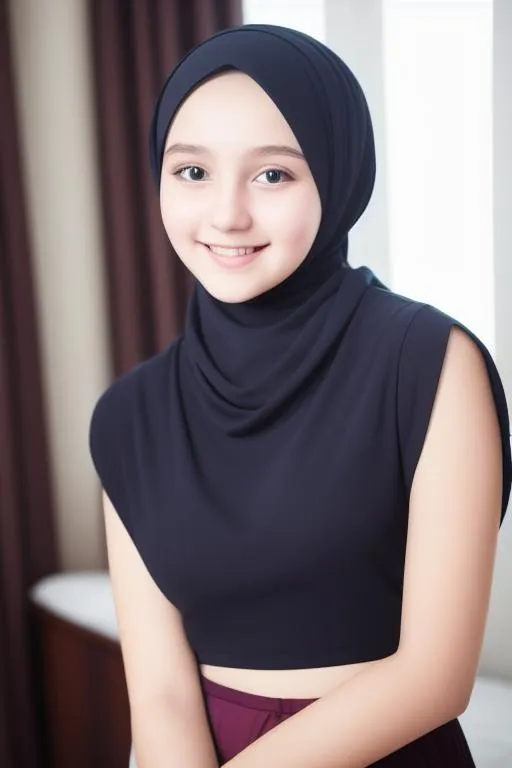 Prompt: photorealistic protrait raw color protrait photo, cinematic light, ukranian young girl (15 year old) , cute girl , pretty girl , ((hijab)) , highres, smile , (((full body shot ))), hotel room background, slapped bra