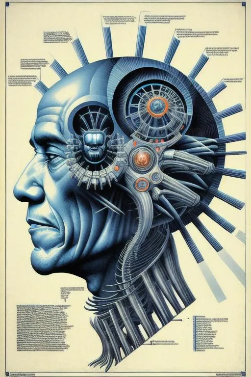 Prompt: technical drawing blueprint Futurism art style infographics exploded view of  biomechanical head of barack Obama  by hr giger combined with Zdzislaw Beksinski and Ed Binkley, retro, infographics, marginalia, detailed exploded view, 1950's popular mechanics poster, retrofuturistic
