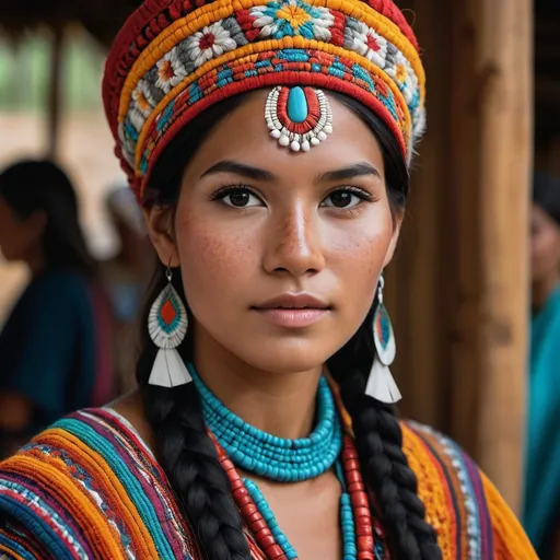 Prompt: Haute couture fashion portrait of an indigenous model, peru, inca, maya, mexico, freckles, slanted eyes, pocahontas, eskimo, oriental, no make up model, American Indian, turban, indigenous, amazon, native features, indigenous facial features, crochet, surreal, Canon EOS R7, detailed textiles, exquisite craftsmanship, professional lighting, dreamlike, detailed facial features, detailed textiles, multicolor, detailed dress