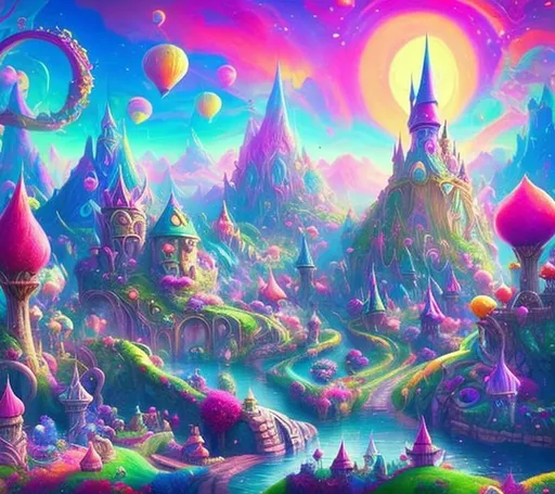 Prompt: Create me a fantasy land should be colourful and magical utopia vibes. 