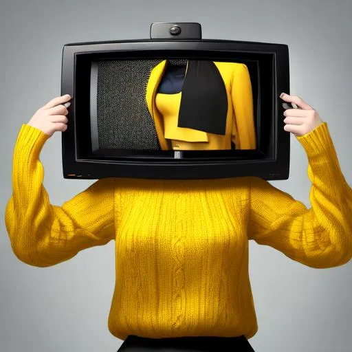 Prompt: Person with a television as a head wearing a yellow sweater and a black short skirt