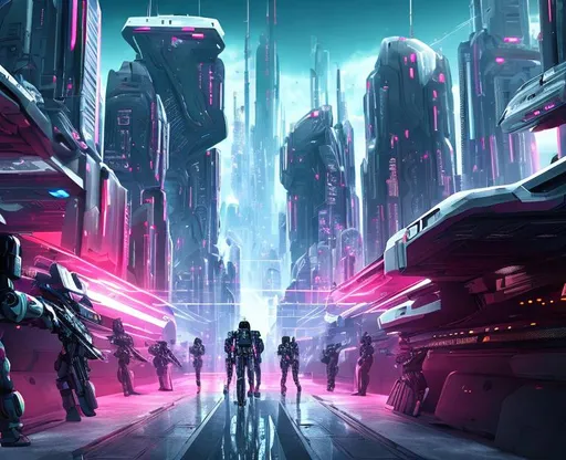 Prompt: futuristic humanoid soldiers with laser guns and futuristic armor shooting toward the enemy, the enemy is located at the end of a street, the point of view is from the backside of the first group of soldiers, futuristic city in backdrop, destroyed futuristic buildings, 