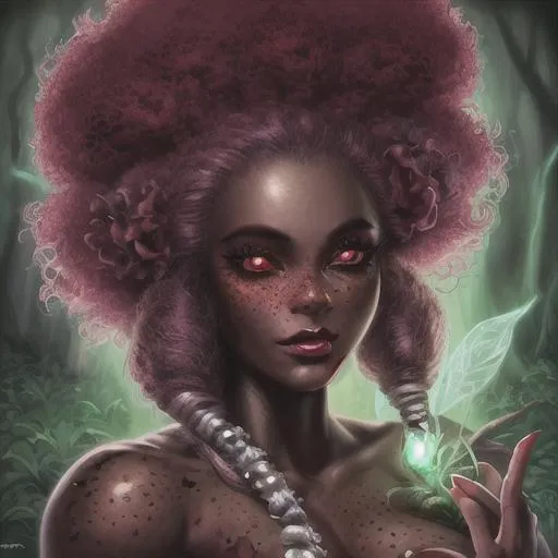 Prompt: woman in 4k, 4k wallpaper, fairy woman in the cursed forest, red eyes, black skin, full lips, afro hair with scary flowers, freckles, realistic portrait, glowing skin, surrounded by dark magic, afro traits,very good quality, details, terror, evil and beauty, 