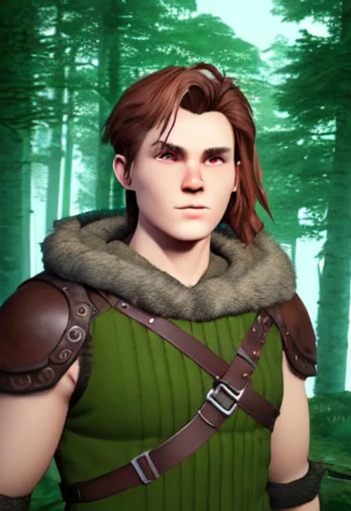 Prompt: Digital art, a 21-year-old viking man with brown hair, viking forest, green gear, silver armor, light green eyes, Tidal Class seal on chest armor, unreal engine 8k octane, 3d lighting.