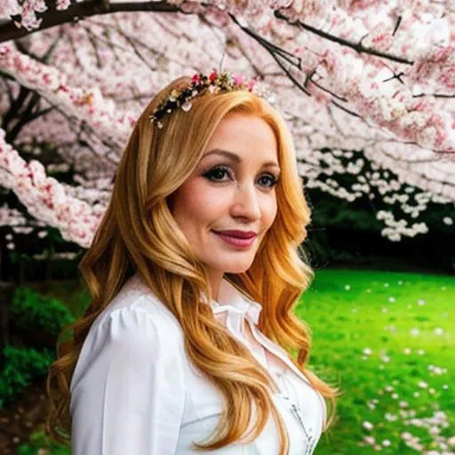 Prompt: strawberry blonde hair, hazel/green eyes,Dolly Parton, cherry blossoms, fairy goddess