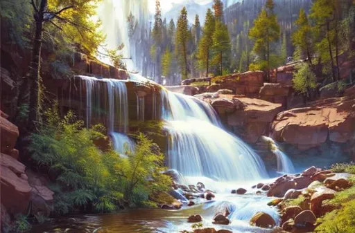 Prompt: Colorado landscape waterfall in style of Peder Mork Monsted.
