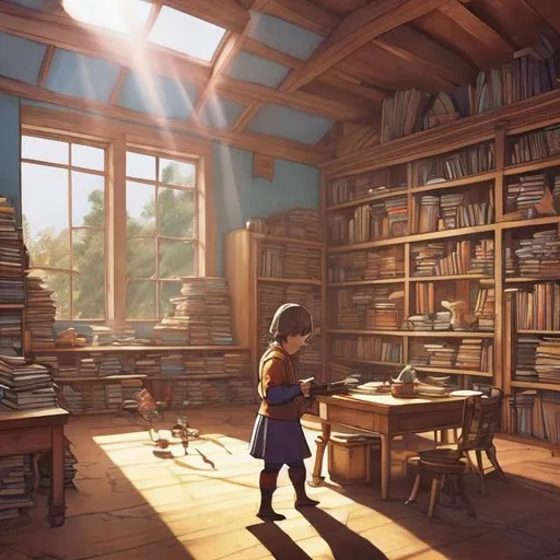 Prompt: The room was full of books, with no food in sight. A little child holding a ladle was reaching for a comic book on the large wooden table. Sunlight streamed in through the skylight, illuminating the child and the books on the table.