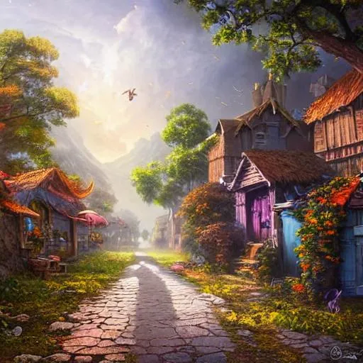 Prompt: a high resolution realistic 3d detailed matte painting, deep color, fantastical, intricate detail, splash screen, complementary colors, fantasy concept art, 8k resolution trending on Artstation Unity engine of a traveler walking on the road towards a village with rectangles houses standing in a "L" and the village hall in the canter.