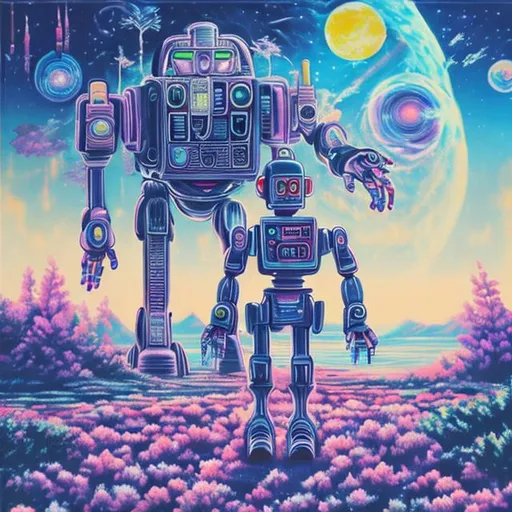 Prompt: Crayon Painting of A robot touch nature, technological future world, connection and emotion, detailed, vaporwave aesthetic, pastel hue, white background and circle