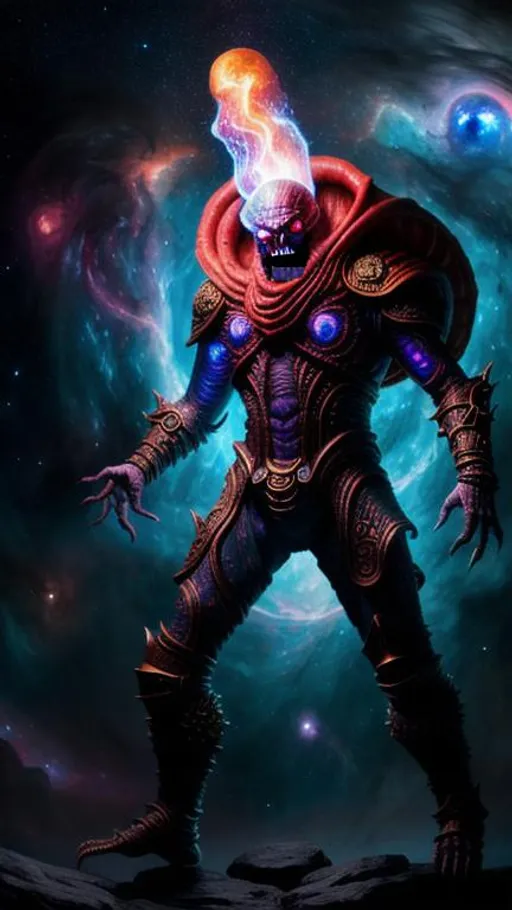 Prompt: Insanely Detailed Mindflayer inspired Monster, Cosmic, Dungeons & Dragons, Pathfinder, Fantasy, Dark Fantasy, Diabolical, Fiery, Hyperdetailed, Intricate details, Heliosphere, Nebula, Sinister, James Webb Telescope, Ethereal, Majestic, Unworldly, Illithid, Void, Supernova, Astral, Quasar