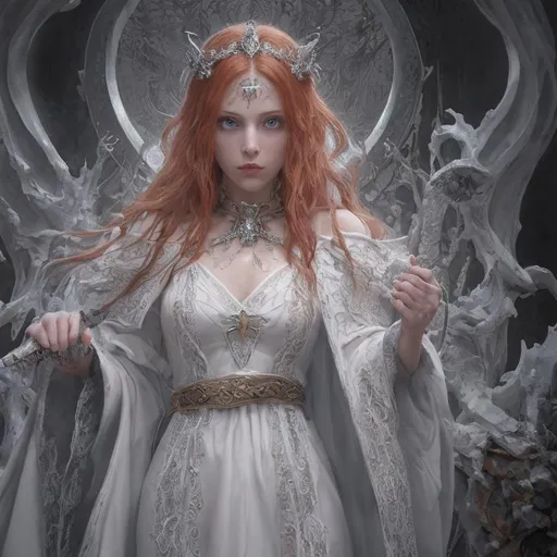 Prompt: Create a fantasy style ultra Intricate detailed biblical style "dream world". Focused on a gorgeous young slender female redhead princess bride, piercing blue eyes, healthy skin, bound securely on a demonic sacrificial alter. Wearing an iron slave collar, wearing white silk apostates robe, 

Professional Photo Realistic Image, RAW, artstation, splash style dark fractal paint, contour, hyper detailed, intricately detailed, unreal engine, fantastical, intricate detail, steam screen, complementary colors, fantasy concept art, 8k resolution, deviantart masterpiece, splash arts, ultra details Ultra realistic, hi res, UHD, 64k, 2D art rendering.