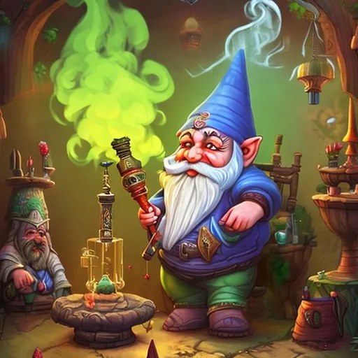 Prompt: A gnome smoking weed out of a large hookah in a fantasy shire