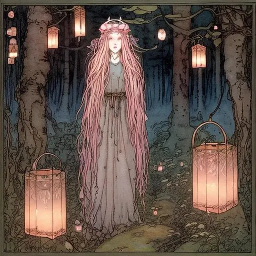 Prompt: Druid Girl with rose gold pinkish hair in the woods with lanterns by John bauer illustrations 