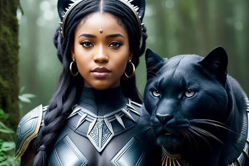 Prompt: adorable female goddess, 25 years old, with her black panther, ultra-detailed perfect makeup, detailed  nature background, natural vivid colors, muted colors, soft colors, sharp focus, intricate details, highly detailed, by Anna Dittmann, Gerhard Richter, Rubens, Larry Bud Melman