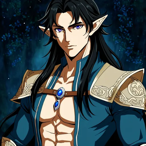 Prompt: Anime style, rpg elf. Hot man. Slightly feminine. Violet eyes. Long hair. Midnight blue, almost black hair.