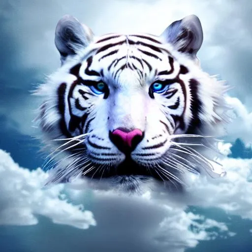 Prompt: White tiger legendary pokemon with clouds trailing on its feet and facing towrds the camera 64k resolution