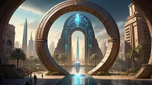 Prompt: magical portal between cities realms worlds kingdoms, circular portal, ring standing on edge, upright ring, freestanding ring, hieroglyphs on ring, complete ring, ancient egyptian architecture, gardens, hotels, office buildings, shopping malls, fountains, large wide-open city plaza, panoramic view, night, futuristic cyberpunk dystopian setting