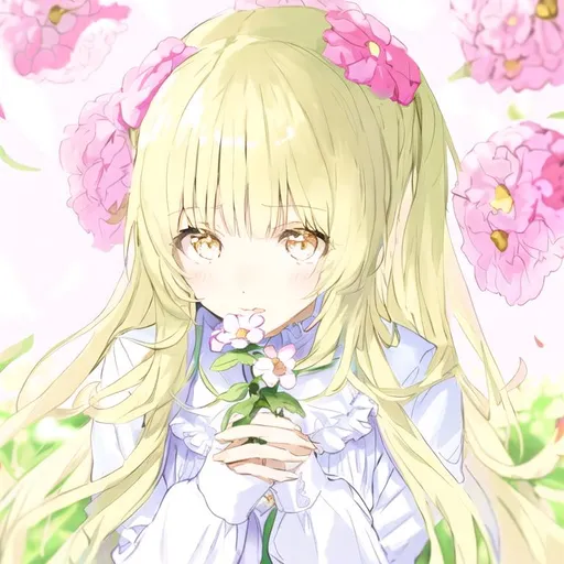 Prompt: Portrait of a cute girl with long hair and surrounded by flowers 