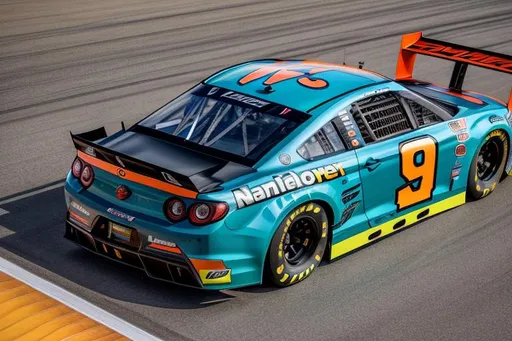 Prompt: Next Gen Nascar stock car, spoiler on trunk, blue and orange color scheme