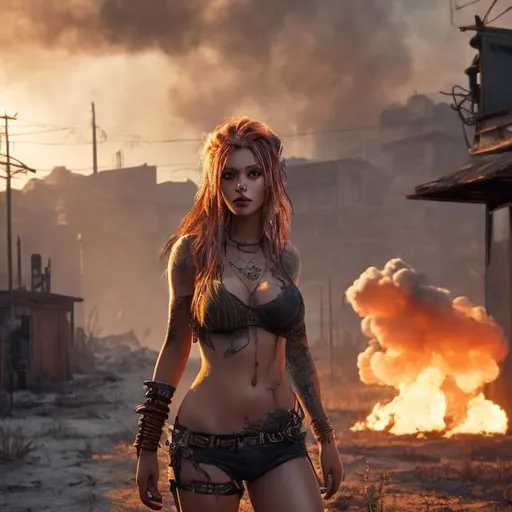 Prompt: Post-apocalyptic AI babe. Gorgeous model. Coloured hair. High level of detail. Nudist. Clothes tattooed on. Fire and smoke burning town background